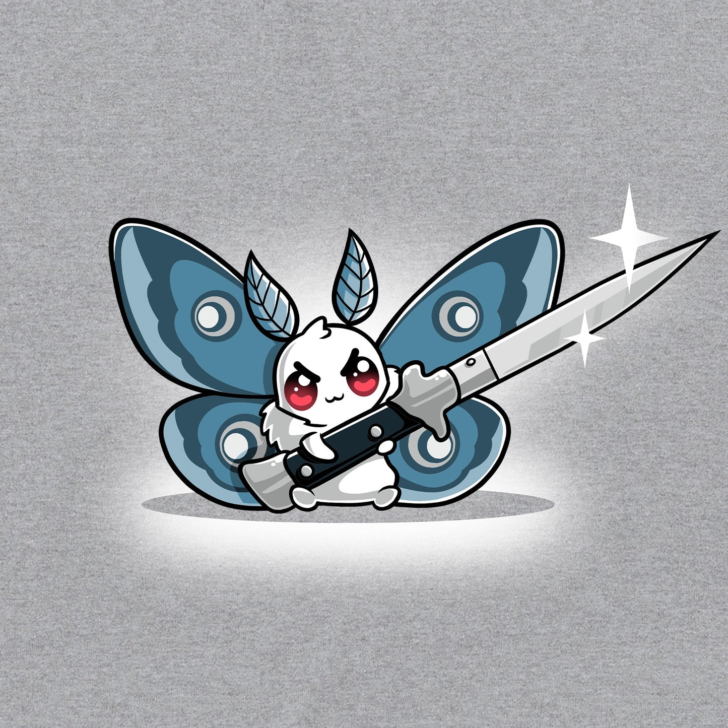 Crew Neck Sweatshirt_TeeTurtle Deadly Moth silver gray t-shirt featuring a moth character with red eyes and blue wings holds a large shiny knife with a smile that hints at dark humor.