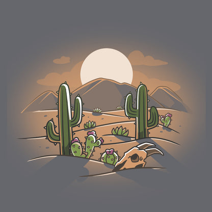 Classic Cotton T-shirt_TeeTurtle  Desert at Dusk charcoal gray t-shirt featuring a cartoon desert scene with cacti, a cow skull, and distant mountains under a stunning desert sunset. 