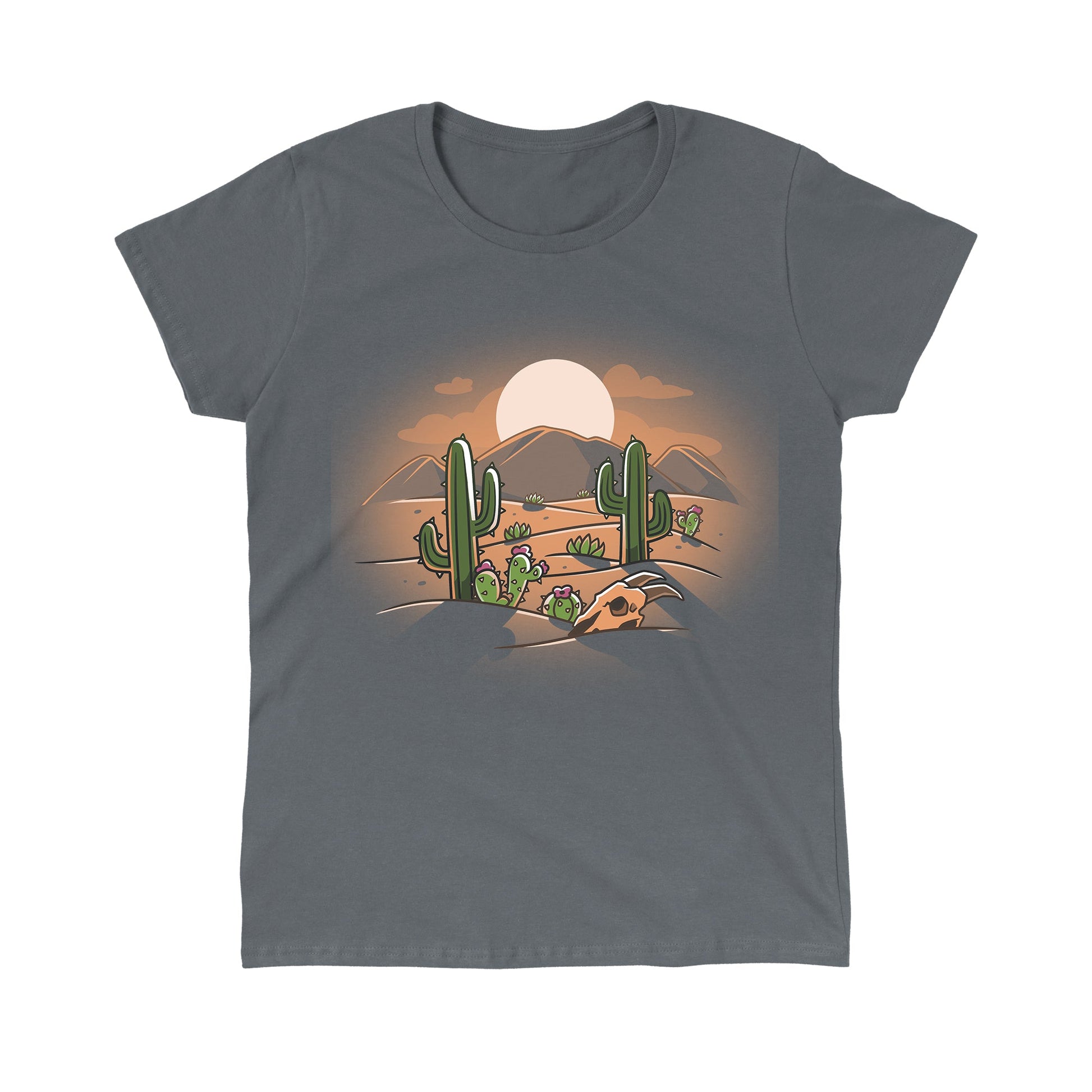 Classic Cotton T-shirt_TeeTurtle  Desert at Dusk charcoal gray t-shirt featuring a cartoon desert scene with cacti, a cow skull, and distant mountains under a stunning desert sunset. 