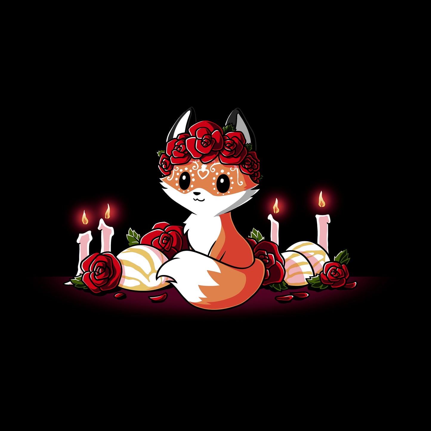 Long Sleeve T-shirt_TeeTurtle Dia de los Foxes black t-shirt featuring a cute little fox animal with Dia de los Muertos markings and wearing a crown of roses, surrounded by lit candles, roses and other Day of the Dead objects.