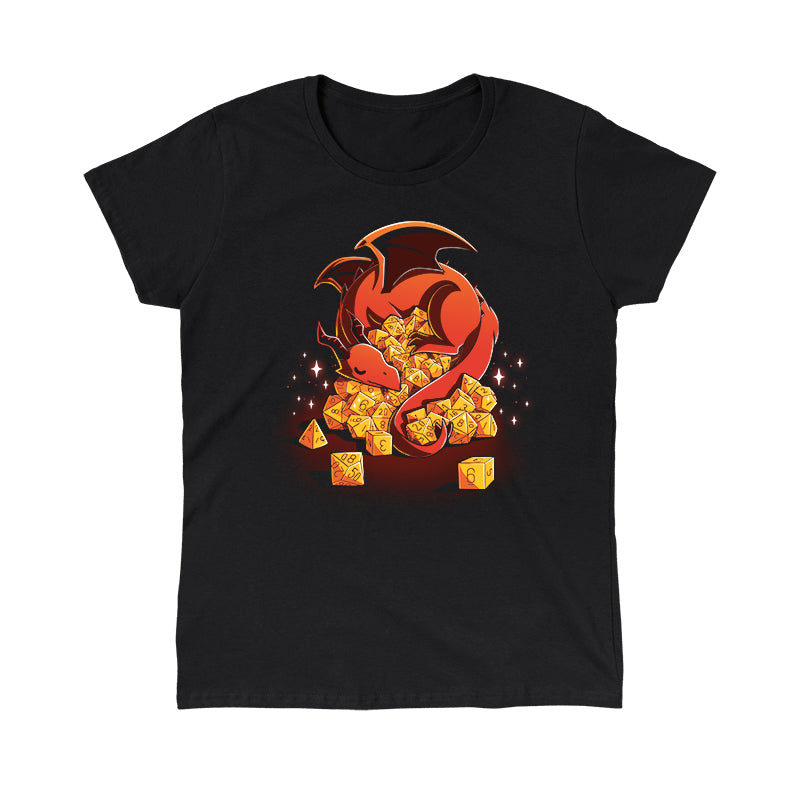 Classic Cotton T-shirt_A red dragon is curled around an overflowing pile of yellow polyhedral dice, with sparkles around. Show off your inner Dice Hoarder with this black monsterdigital Dice Hoarder apparel crafted from super soft ringspun cotton. The dice include various types ranging from d4 to d20.