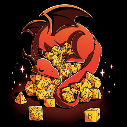 Pullover Hoodie_A red dragon is curled around an overflowing pile of yellow polyhedral dice, with sparkles around. Show off your inner Dice Hoarder with this black monsterdigital Dice Hoarder apparel crafted from super soft ringspun cotton. The dice include various types ranging from d4 to d20.