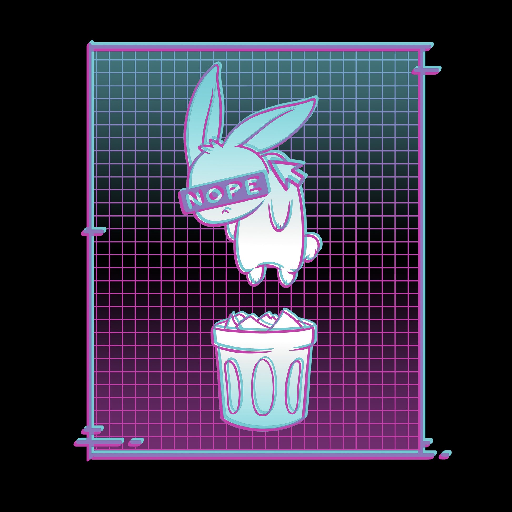 Classic Cotton T-shirt_TeeTurtle Digital Trash Bunny black t-shirt featuring an illustration of a blindfolded rabbit with "NOPE" on the blindfold, floating above a trash can. The background consists of a gradient grid pattern in teal, blue, and pink. 