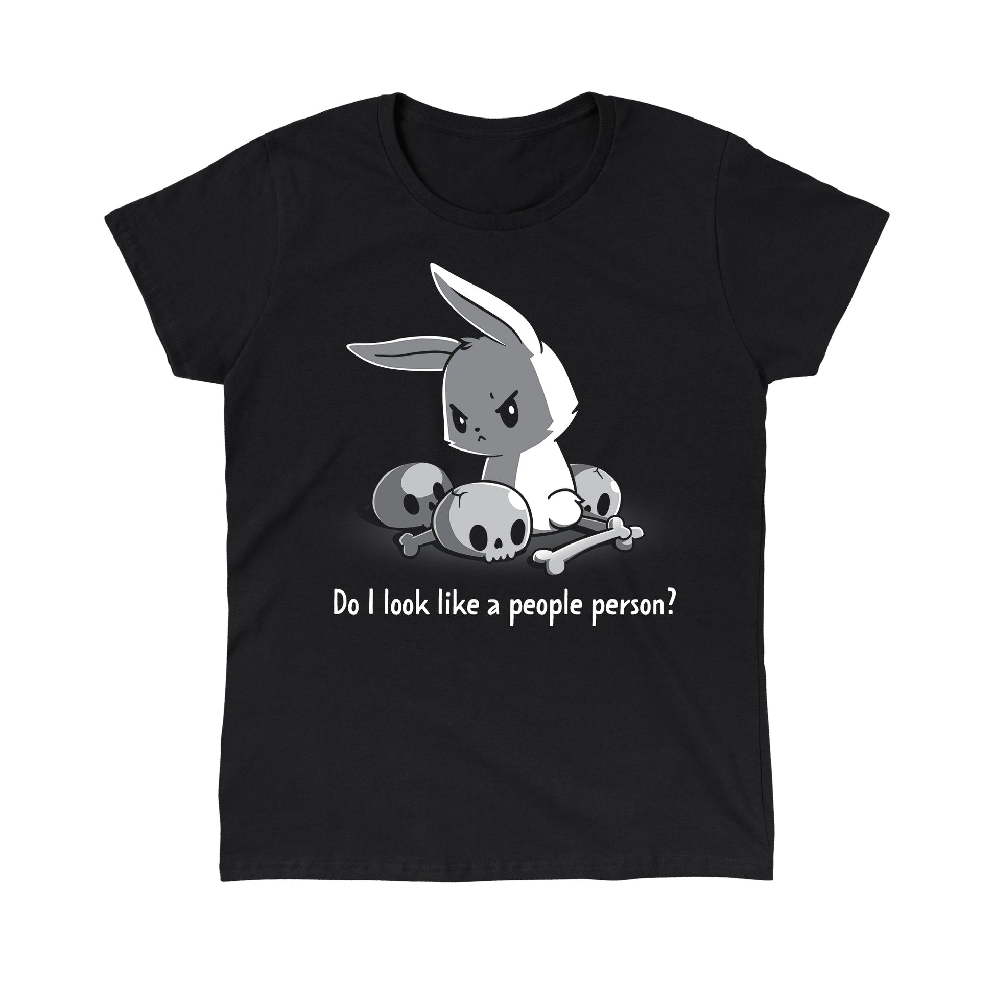 Classic Cotton T-shirt_TeeTurtle Do I Look Like a People Person black t-shirt featuring a bunny with an angry expression sitting among skulls and bones. The text reads "Do I Look Like a People Person?"