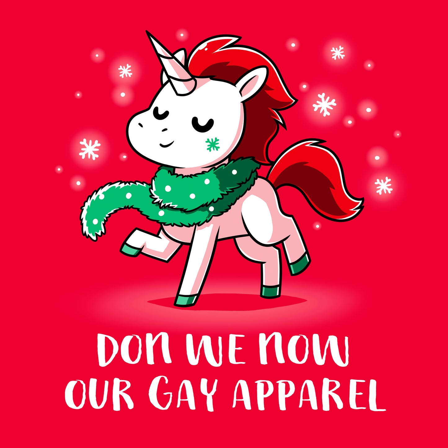 Classic Cotton T-shirt_TeeTurtle Don We Now Our Gay Apparel red t-shirt featuring a fabulous unicorn wearing Christmas garland as a scarf.
