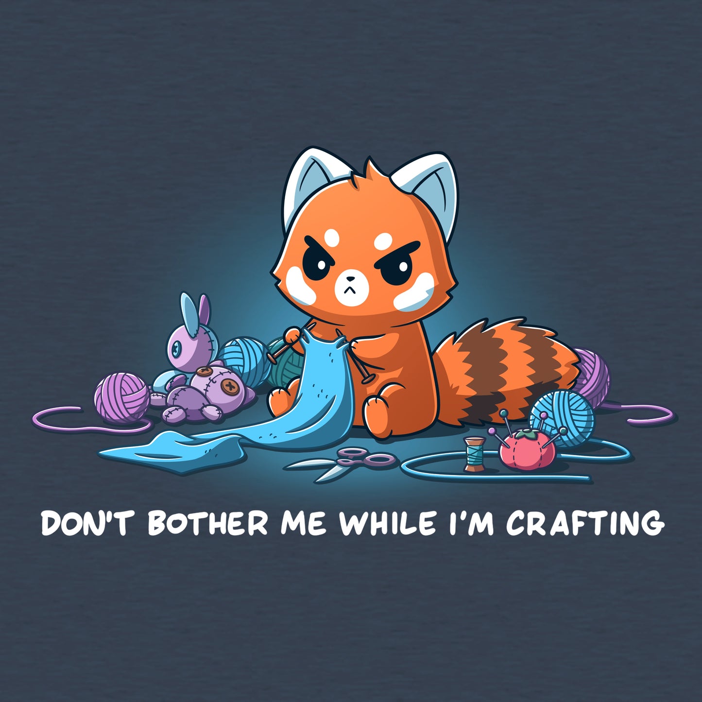 Classic Cotton T-shirt_TeeTurtle heather navy Don't Bother Me While I'm Crafting featuring an introverted, knitting red panda surrounded by knitting materials.