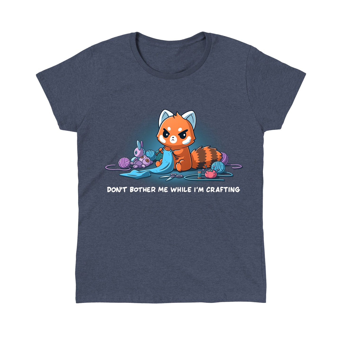 Classic Cotton T-shirt_TeeTurtle heather navy Don't Bother Me While I'm Crafting featuring an introverted, knitting red panda surrounded by knitting materials.