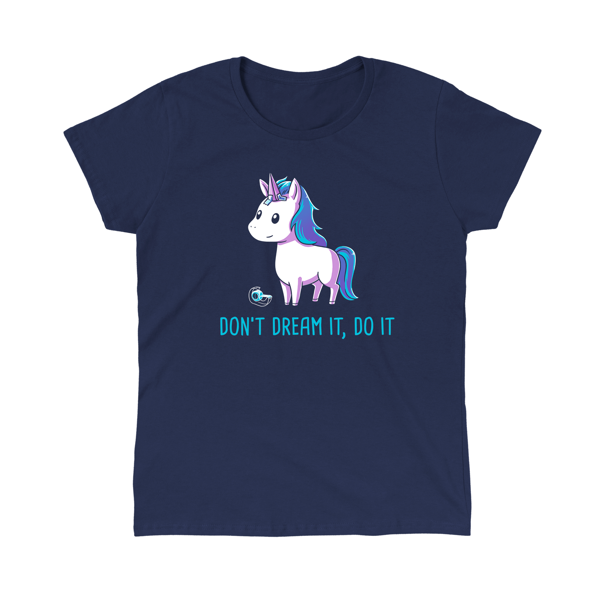 Classic Cotton T-shirt_TeeTurtle navy blue Don't Dream It Do It. Featuring a horse with a paper unicorn horn taped to its forehead.