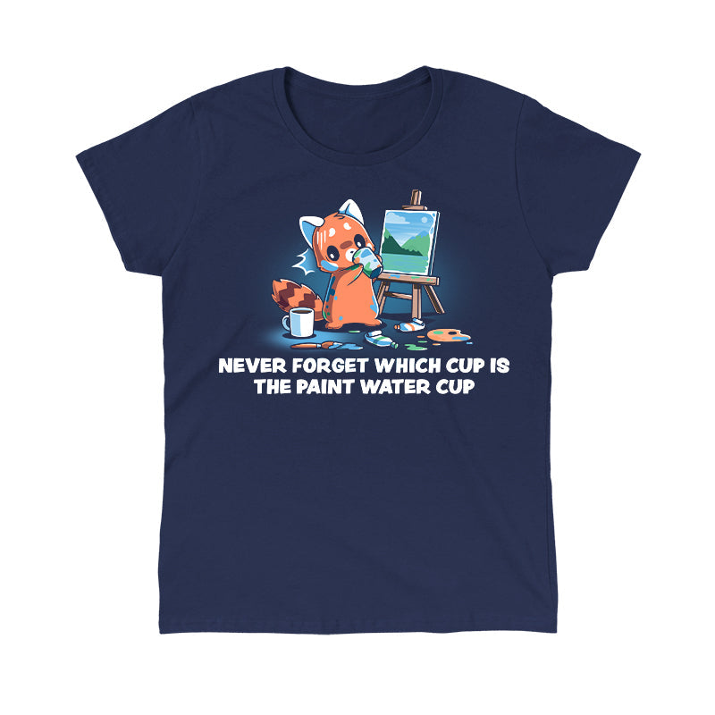 Classic Cotton T-shirt_TeeTurtle Don’t Drink the Paint Water navy blue t-shirt featuring a red panda that’s painting a picture and taking a sip of paint water and looking at the mug of coffee on the floor.