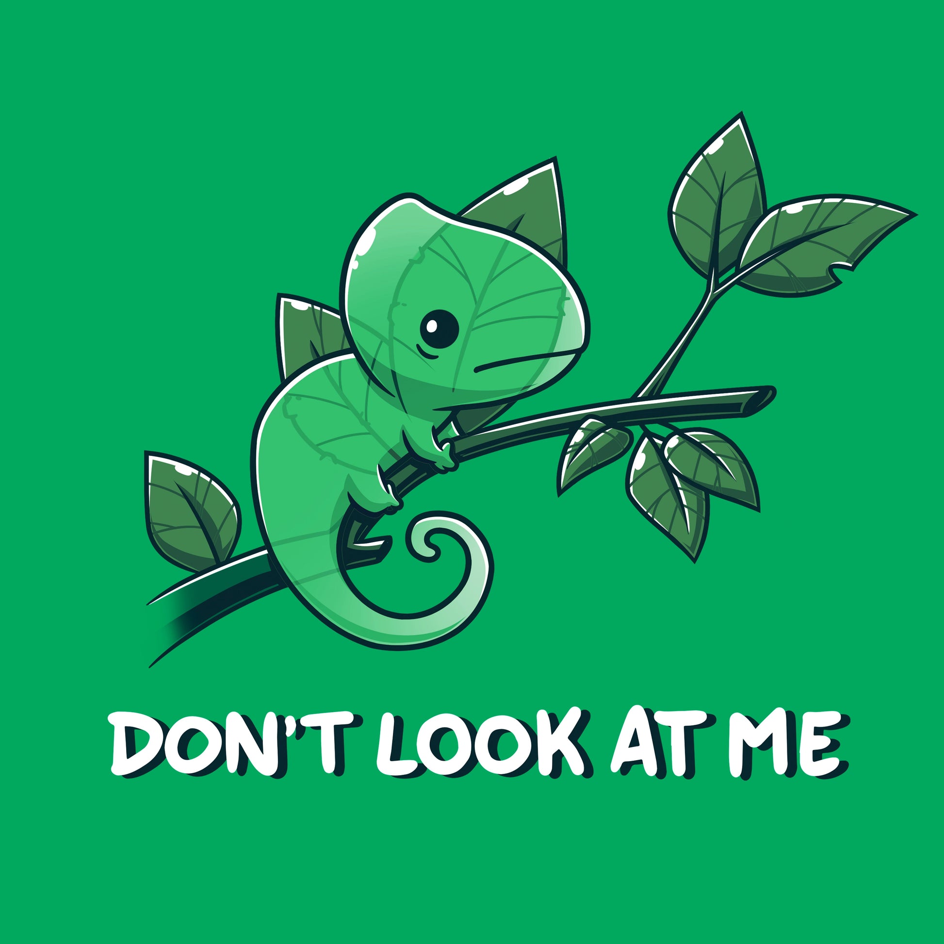 Classic Cotton T-shirt_Teeturtle Don't Look At Me Irish green t-shirt featuring a little cartoon Chameleon trying to cloak itself against leaves while on a branch with 'Don't look at me.' written underneath the image.