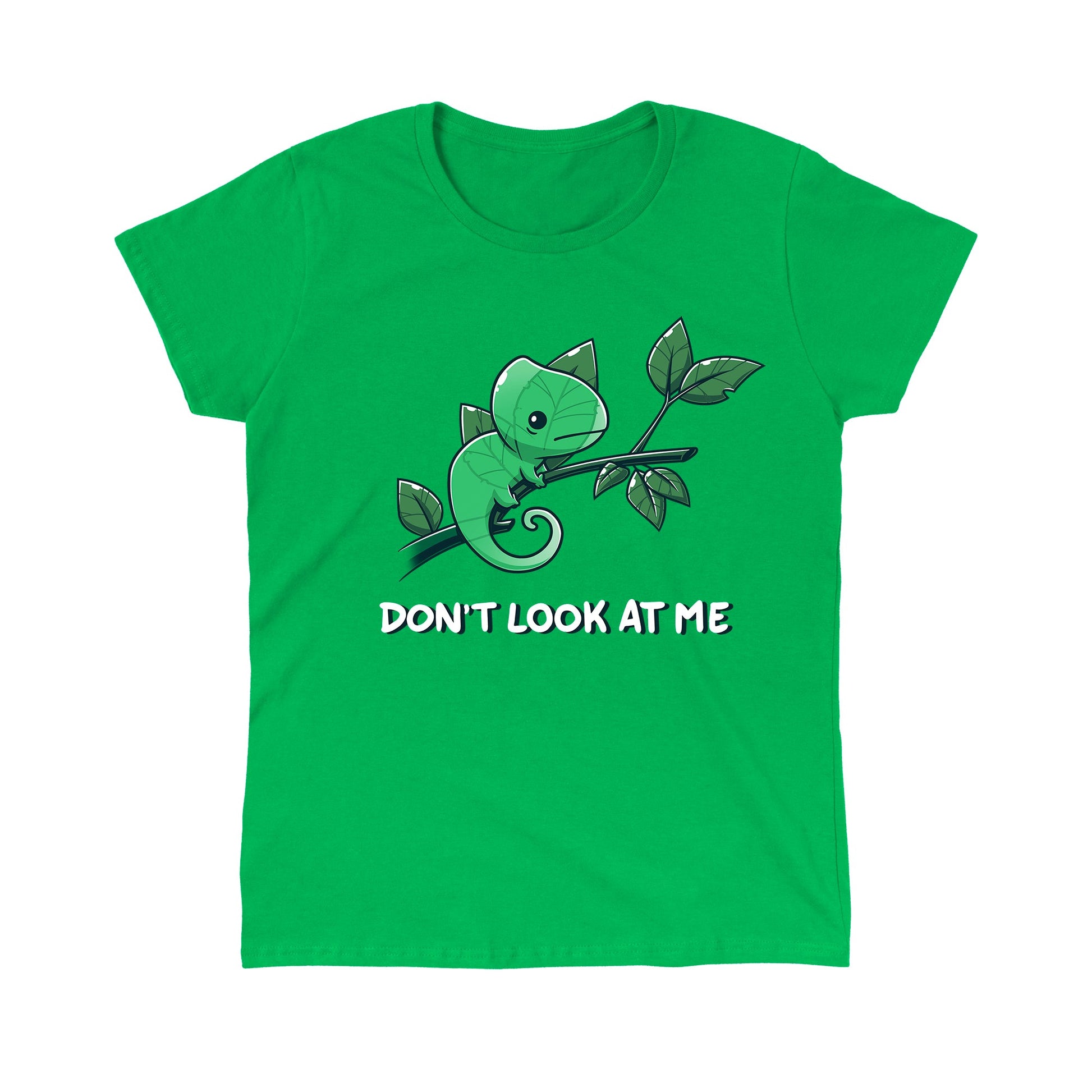 Classic Cotton T-shirt_Teeturtle Don't Look At Me Irish green t-shirt featuring a little cartoon Chameleon trying to cloak itself against leaves while on a branch with 'Don't look at me.' written underneath the image.