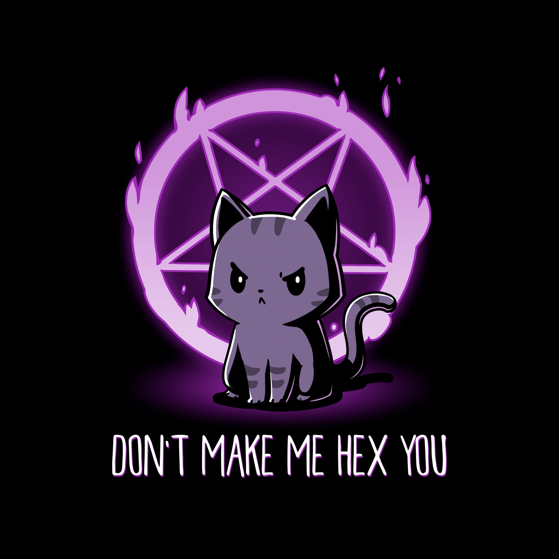 Classic Cotton T-shirt_TeeTurtle Don't Make Me Hex You black t-shirt featuring a cat in front of a purple flaming pentagram.