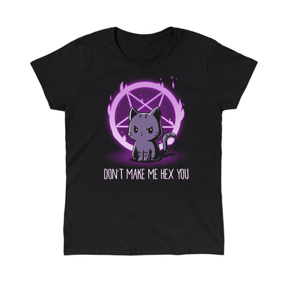 Classic Cotton T-shirt_TeeTurtle Don't Make Me Hex You black t-shirt featuring a cat in front of a purple flaming pentagram.