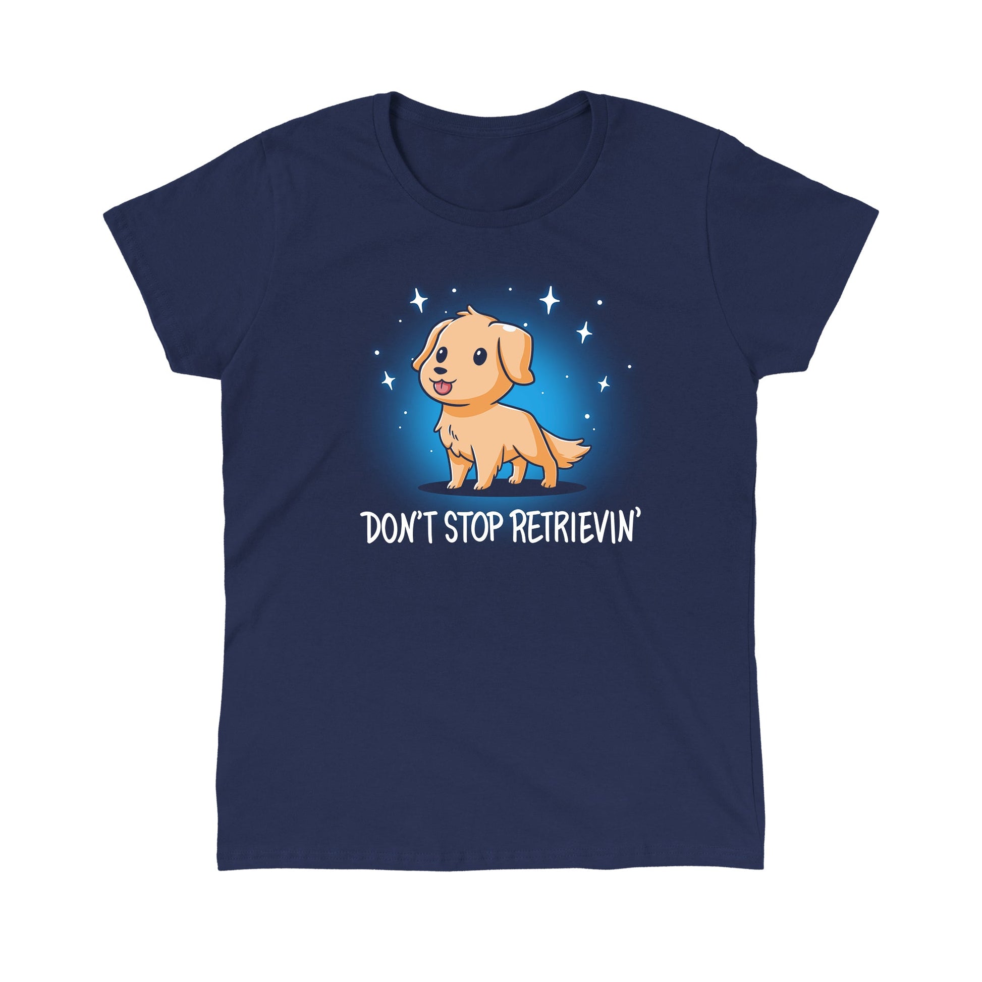 Classic Cotton T-shirt_Teeturtle Don't Stop Retrievin' Navy Blue Featuring an adorable cartoon golden retriever with their tongue sticking out surrounded by sparkles with 'Don't stop retrievin' written beneath.