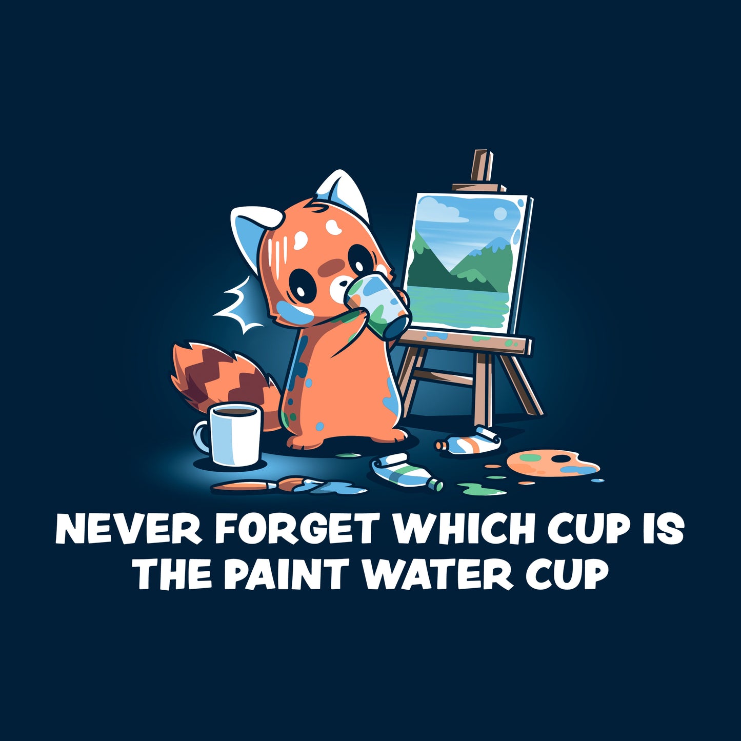 Classic Cotton T-shirt_TeeTurtle Don’t Drink the Paint Water navy blue t-shirt featuring a red panda that’s painting a picture and taking a sip of paint water and looking at the mug of coffee on the floor.