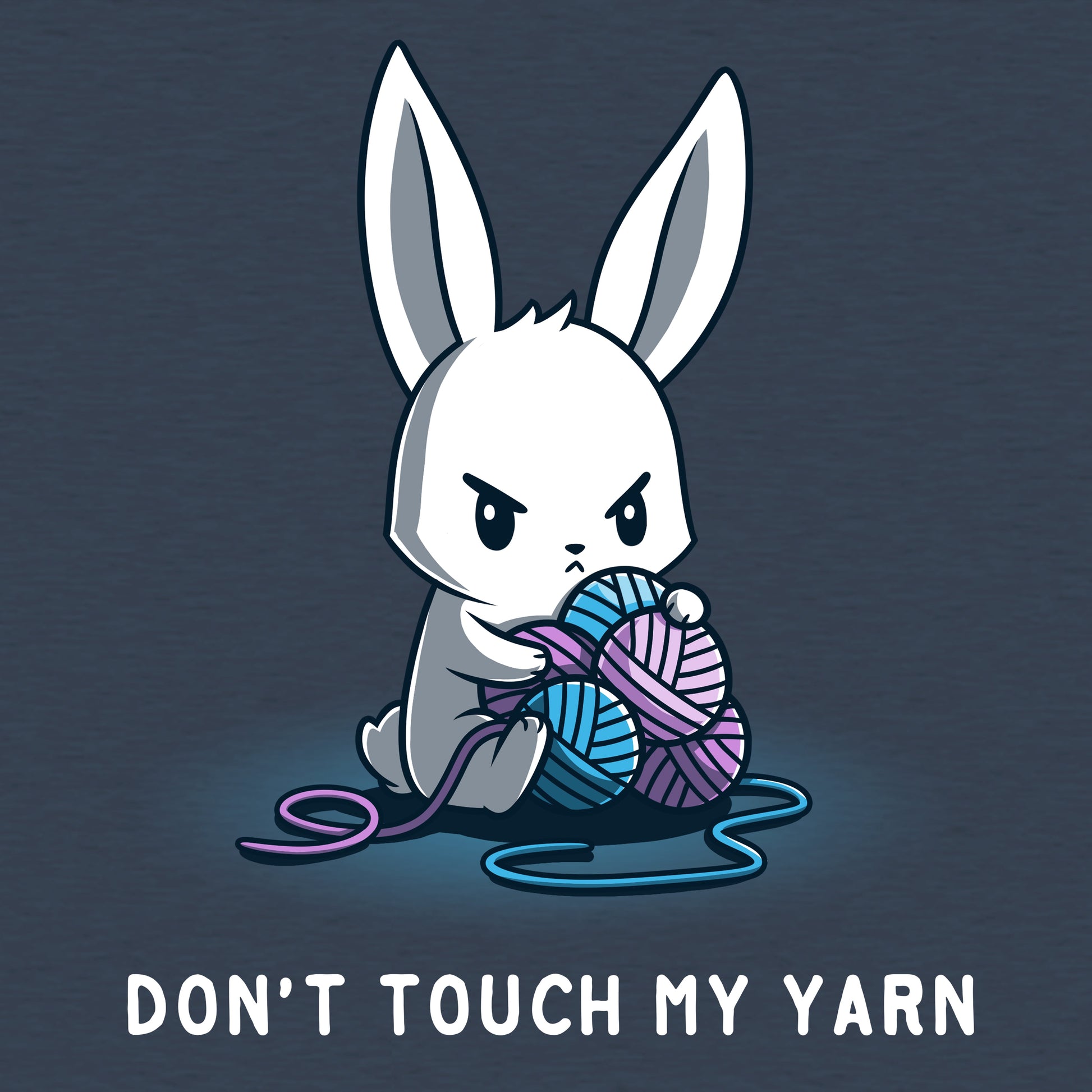 Classic Cotton T-shirt_Teeturtle Don't Touch My Yarn heather navy t-shirt featuring a white bunny with an angry expression, holding a blue and purple ball of yarn. The text below reads "Don't Touch My Yarn."