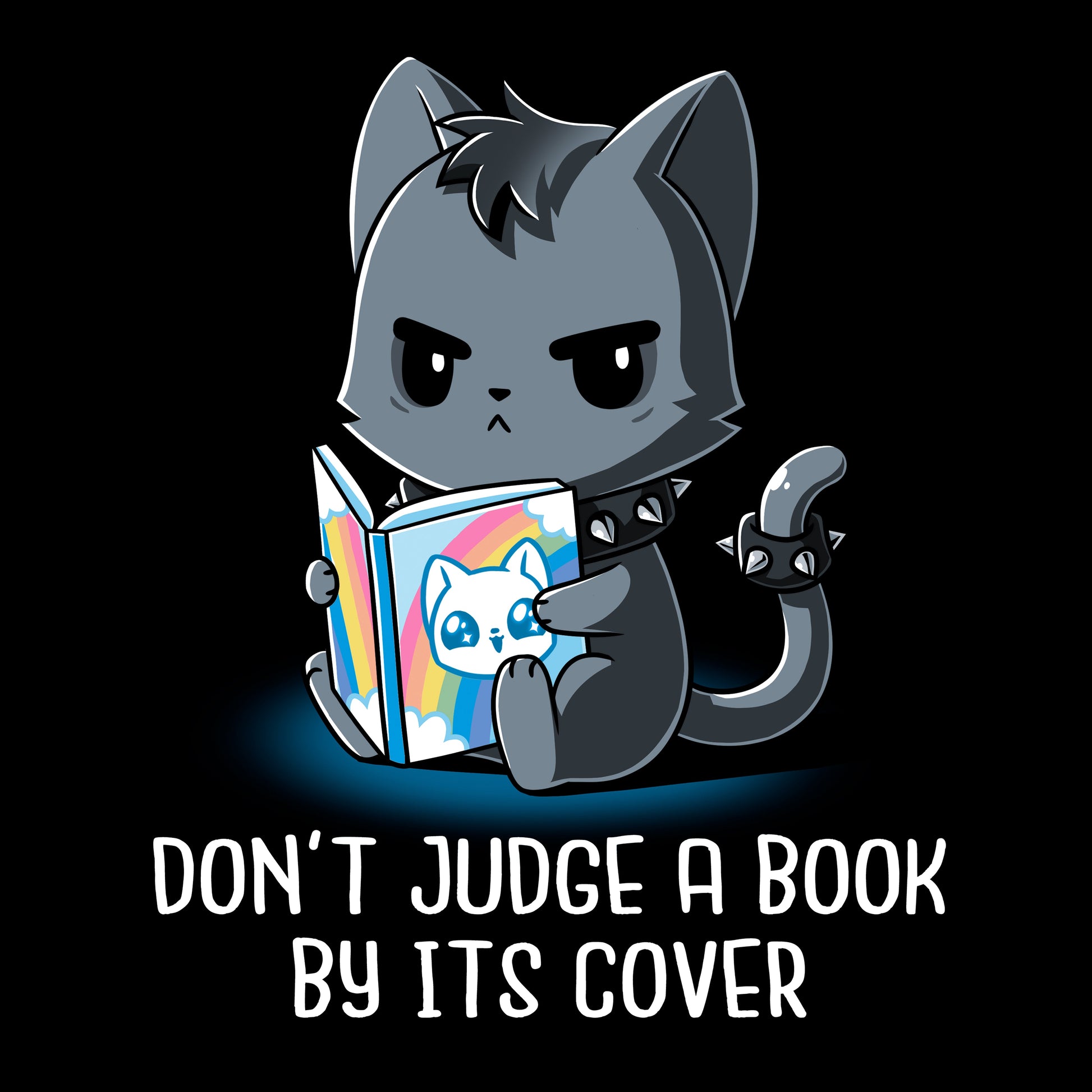 Long Sleeve T-shirt_TeeTurtle Don't Judge a Book By It's Cover black t-shirt featuring seemingly grumpy, goth-looking cat wearing a spiked collar and spiked ring on its tail reading a bright, happy-looking rainbow-covered book above the text 'Don't Judge A Book By Its Cover.'