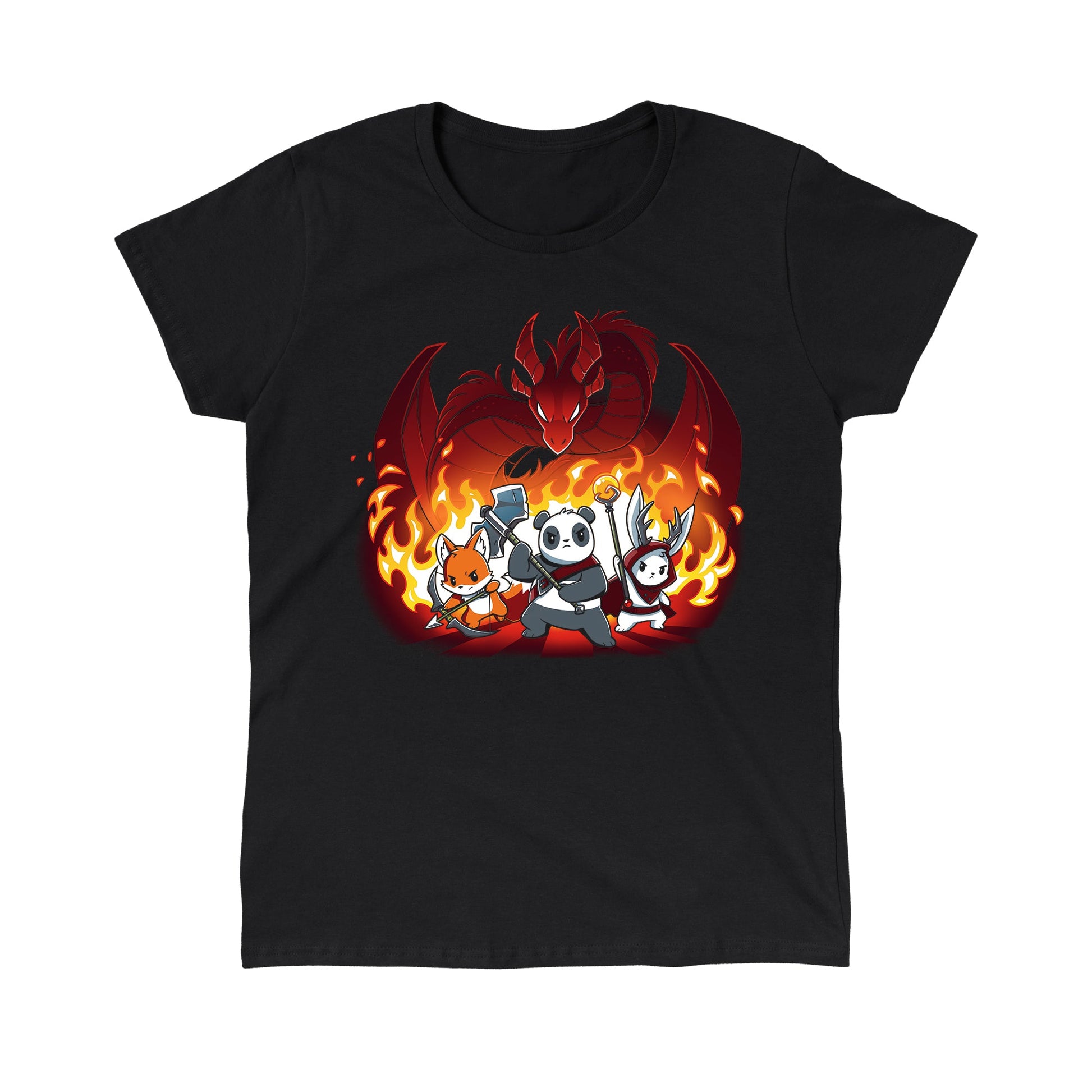 Classic Cotton T-shirt_TeeTurtle Dragon Fight black t-shirt featuring a panda warrior, an archer fox, and a winged cat standing ready for battle in front of a fire-breathing red dragon, with flames in the background.