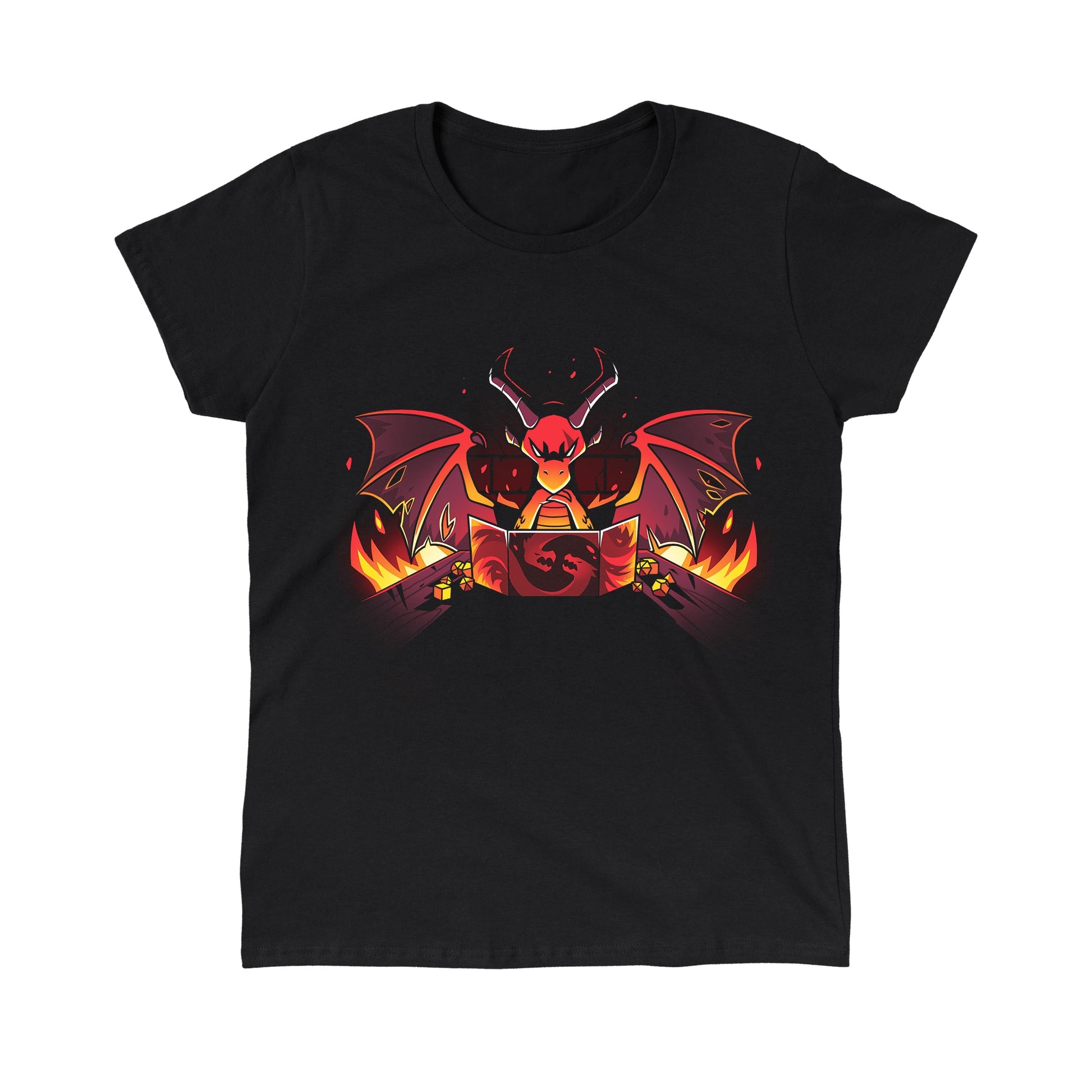 Classic Cotton T-shirt_TeeTurtle black Dragon Master. Featuring a sinister-looking dragon dungeon master with flames in the background.