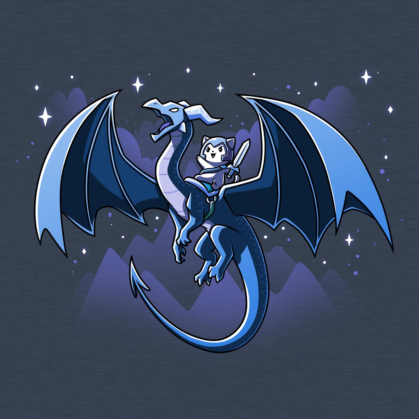 Classic Cotton T-shirt_TeeTurtle Dragon Rider heather navy blue t-shirt featuring a dragon with large wings flies through a night sky with mountain silhouettes and stars in the background, carrying a person in armor and a hood on its back.