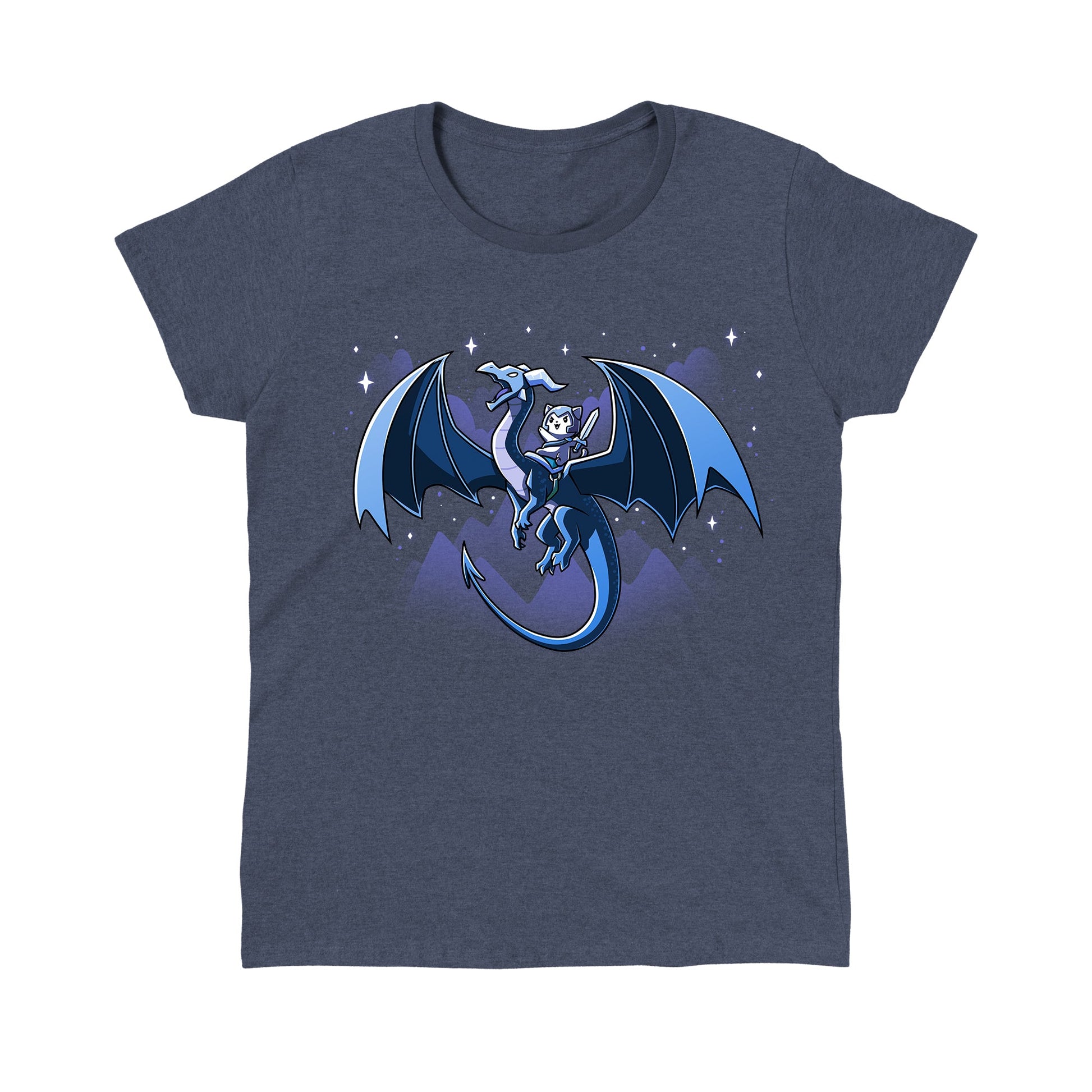 Classic Cotton T-shirt_TeeTurtle Dragon Rider heather navy blue t-shirt featuring a dragon with large wings flies through a night sky with mountain silhouettes and stars in the background, carrying a person in armor and a hood on its back.