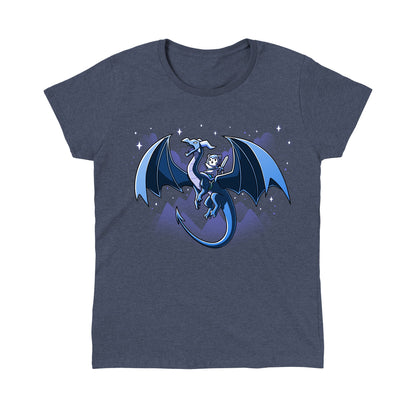 Classic Cotton T-shirt_TeeTurtle Dragon Rider heather navy blue t-shirt featuring a dragon with large wings flies through a night sky with mountain silhouettes and stars in the background, carrying a person in armor and a hood on its back.