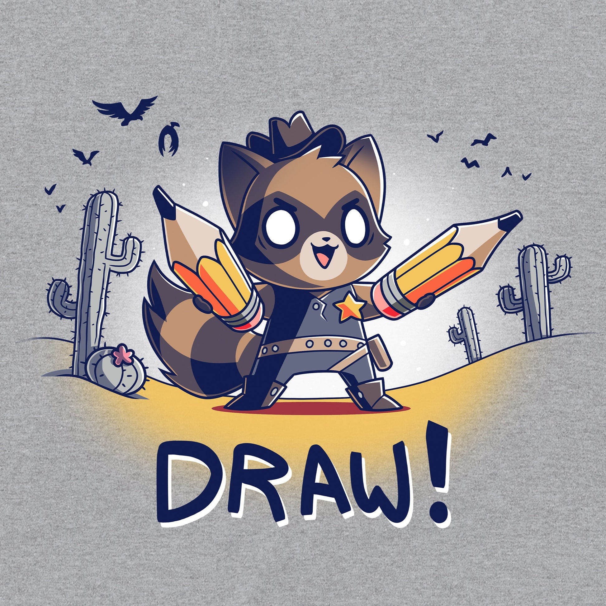 Classic Cotton T-shirt_TeeTurtle Draw! heather gray t-shirt featuring a cowboy-attired raccoon in a sketched desert complete with vultures and cacti holding a pair of pencils with 'Draw!' written underneath.