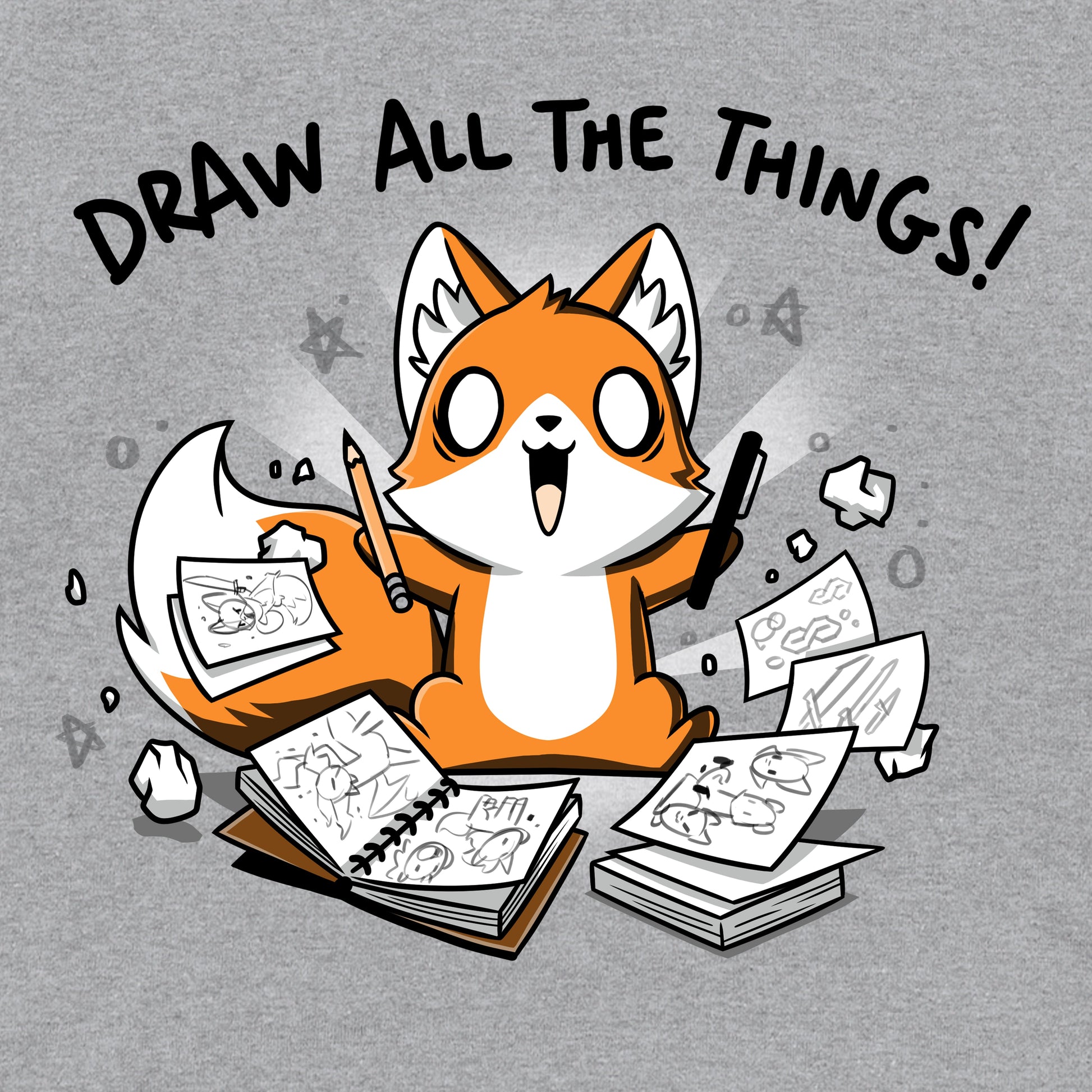 Pullover Hoodie_A cartoon fox enthusiastically holding drawing tools, surrounded by sketchbooks with various drawings. Text above reads "Draw All The Things!" This monsterdigital original Draw all the Things! is crafted from super soft ringspun cotton for ultimate comfort.