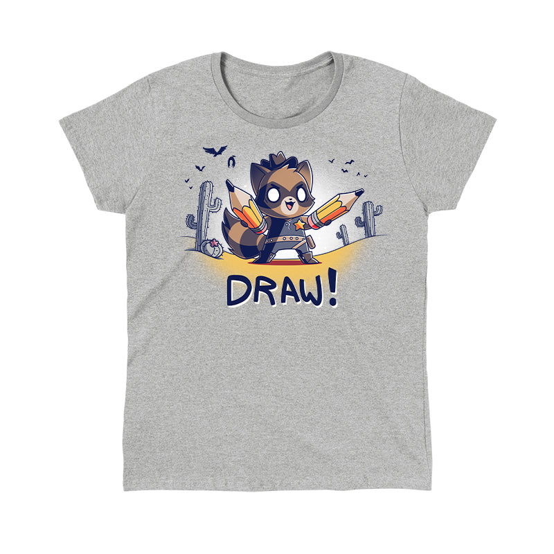 Classic Cotton T-shirt_TeeTurtle Draw! heather gray t-shirt featuring a cowboy-attired raccoon in a sketched desert complete with vultures and cacti holding a pair of pencils with 'Draw!' written underneath.