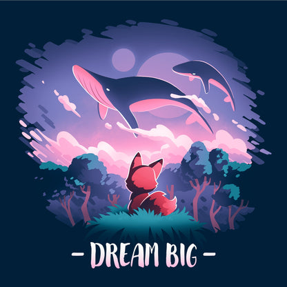 Pullover Hoodie_TeeTurtle Dream Big navy blue t-shirt featuring an orange fox who gazes at magical whales flying in the night sky above a fantasy forest with the text "Dream Big" below.