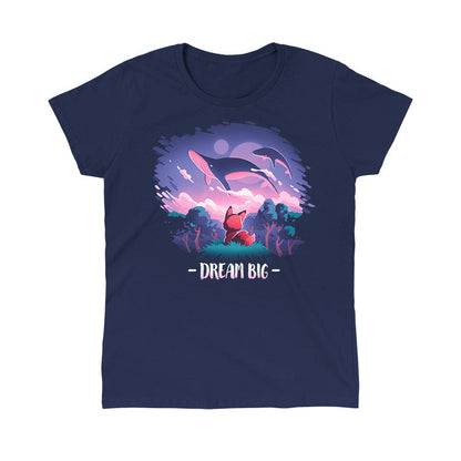 Classic Cotton T-shirt_TeeTurtle Dream Big navy blue t-shirt featuring an orange fox who gazes at magical whales flying in the night sky above a fantasy forest with the text "Dream Big" below.