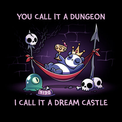 Long Sleeve T-shirt_TeeTurtle black Dream Castle t-shirt featuring a panda relaxing in a hammock propped with spears in a dungeon surrounded by skulls and a slime pet.