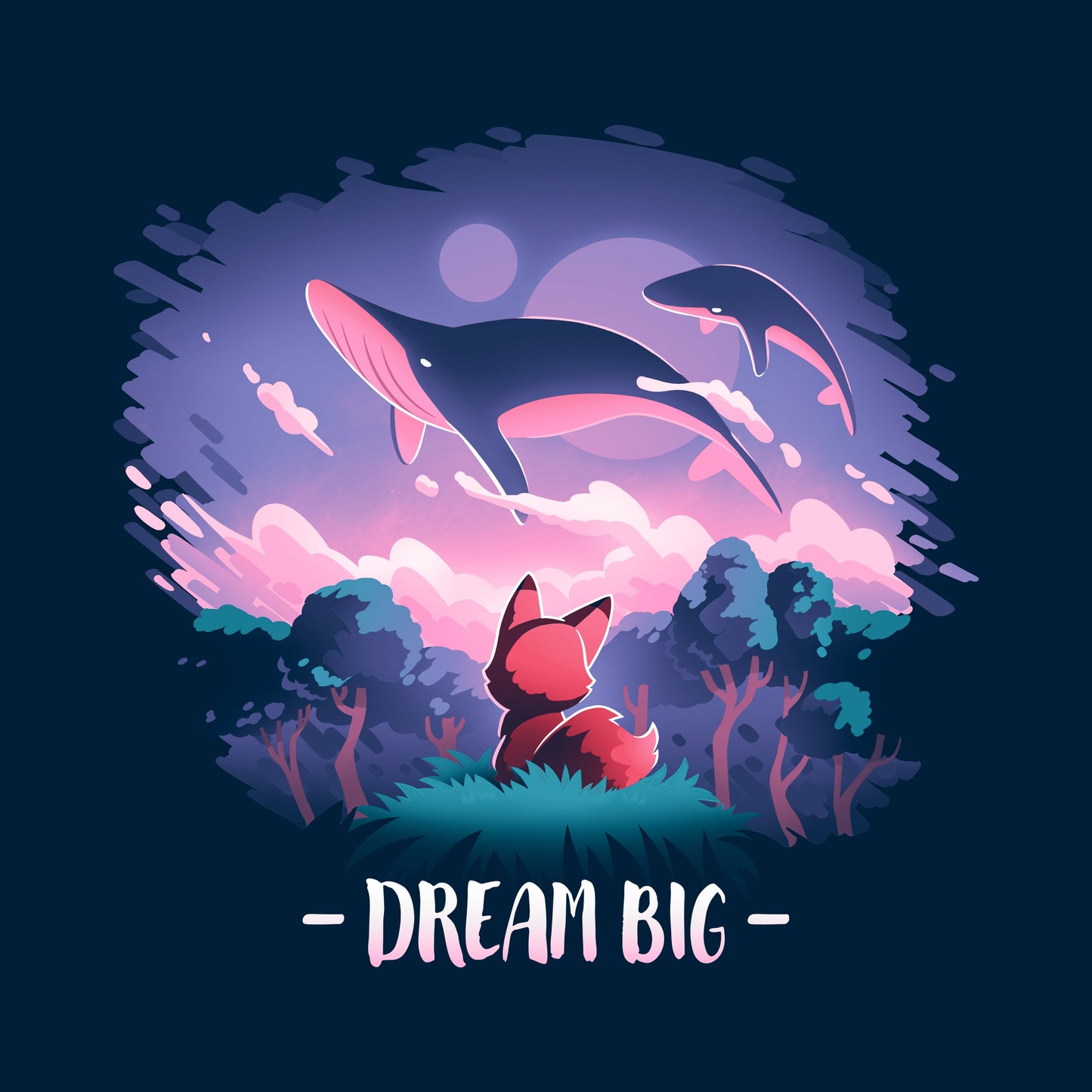 Classic Cotton T-shirt_TeeTurtle Dream Big navy blue t-shirt featuring an orange fox who gazes at magical whales flying in the night sky above a fantasy forest with the text "Dream Big" below.