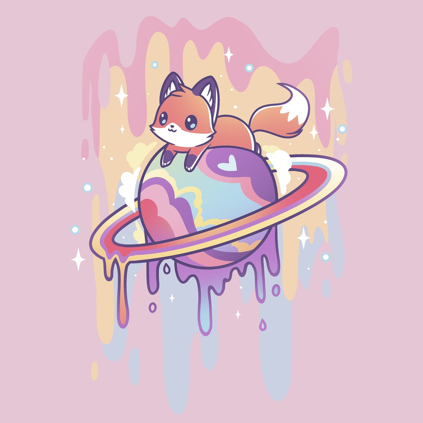 Classic Cotton T-shirt_TeeTurtle Drippy Dreamworld light pink t-shirt featuring a fox sitting on a colorful Saturn-like planet with a dripping effect, set against a pink background with sparkles.