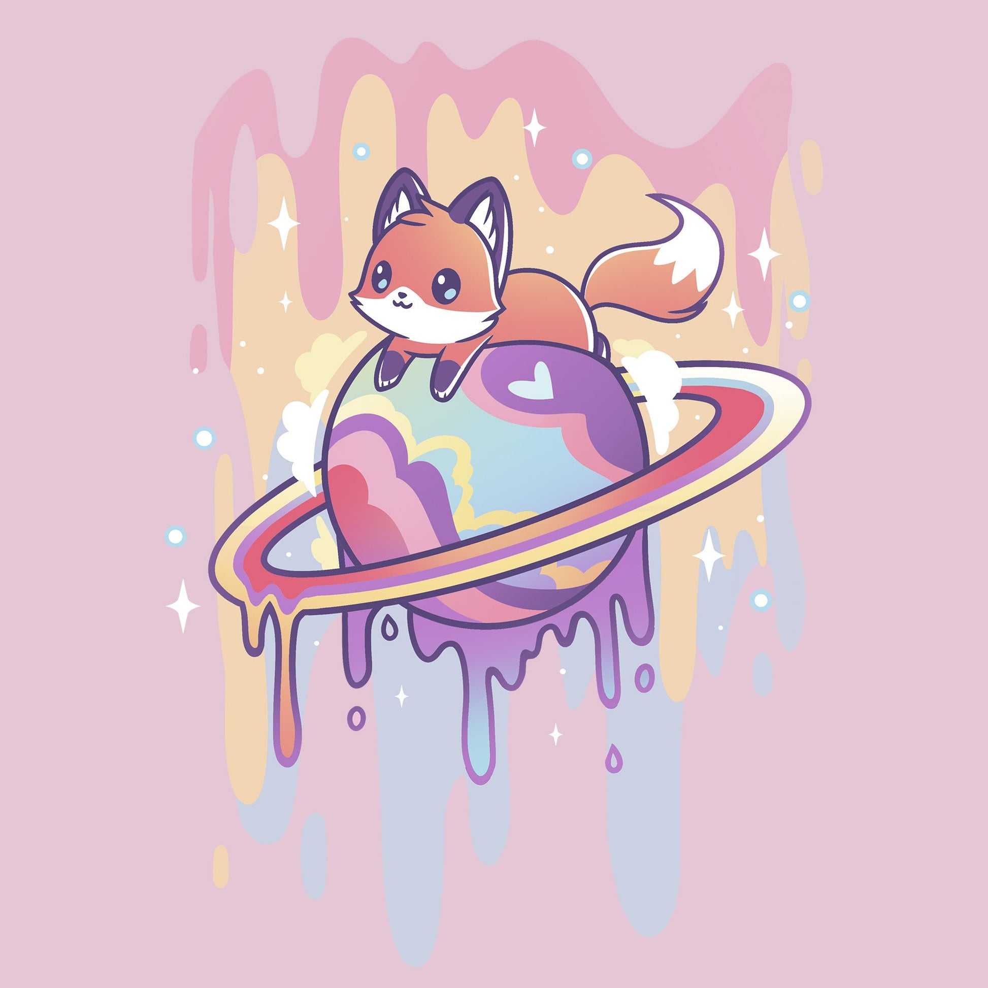 Classic Cotton T-shirt_TeeTurtle Drippy Dreamworld light pink t-shirt featuring a fox sitting on a colorful Saturn-like planet with a dripping effect, set against a pink background with sparkles.