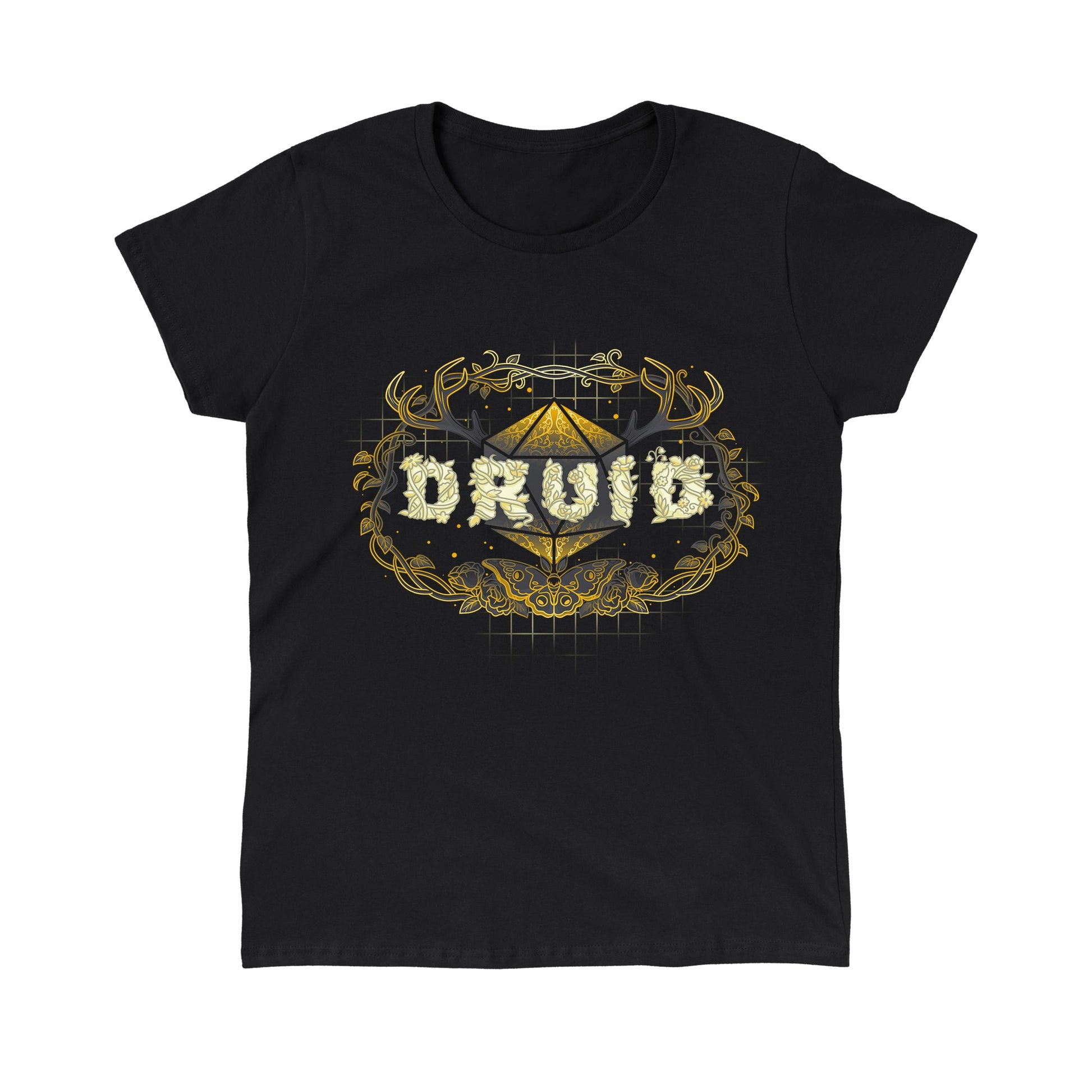 Classic Cotton T-shirt_TeeTurtle Druid Class black t-shirt featuring a stylized "DRUID" text made of floral designs overlaying a geometric shape, framed by antlers and vines with a butterfly at the bottom, all in gold and cream tones for tabletop gaming. 