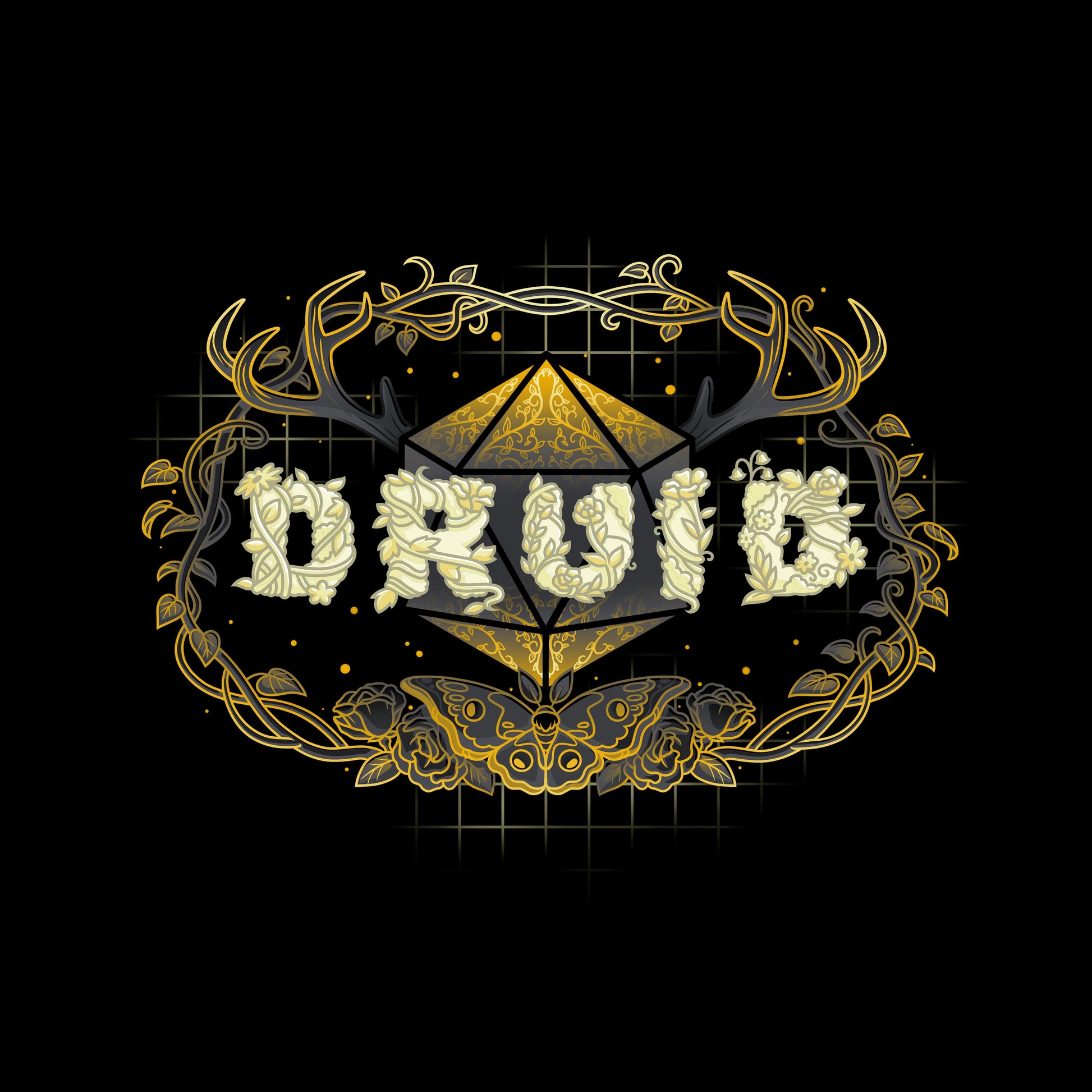 Classic Cotton T-shirt_TeeTurtle Druid Class black t-shirt featuring a stylized "DRUID" text made of floral designs overlaying a geometric shape, framed by antlers and vines with a butterfly at the bottom, all in gold and cream tones for tabletop gaming. 