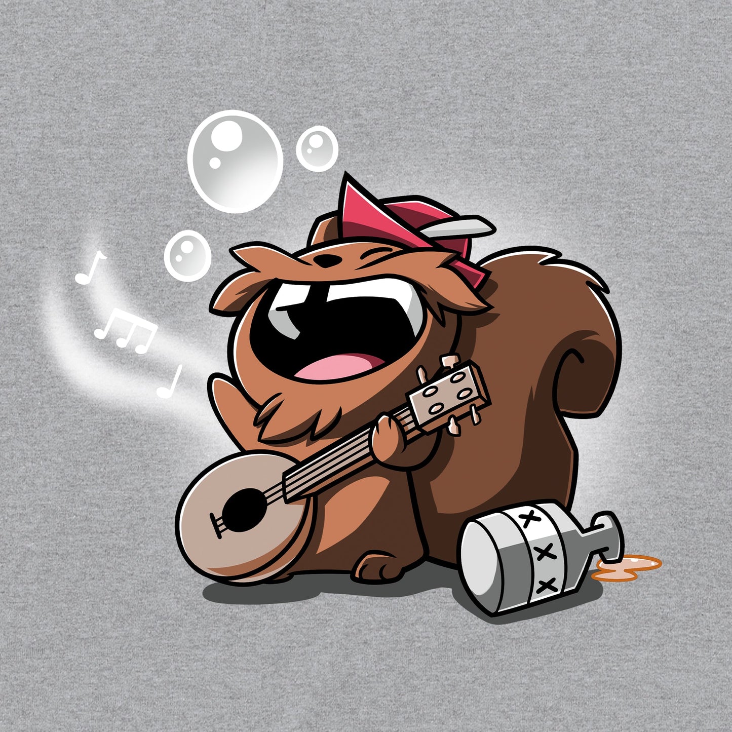 Classic Cotton T-shirt_TeeTurtle Drunken Bard heather gray t-shirt featuring a squirrel wearing a red cap joyfully playing a banjo while singing. Musical notes and bubbles float around, and a moonshine jug is placed next to the squirrel.