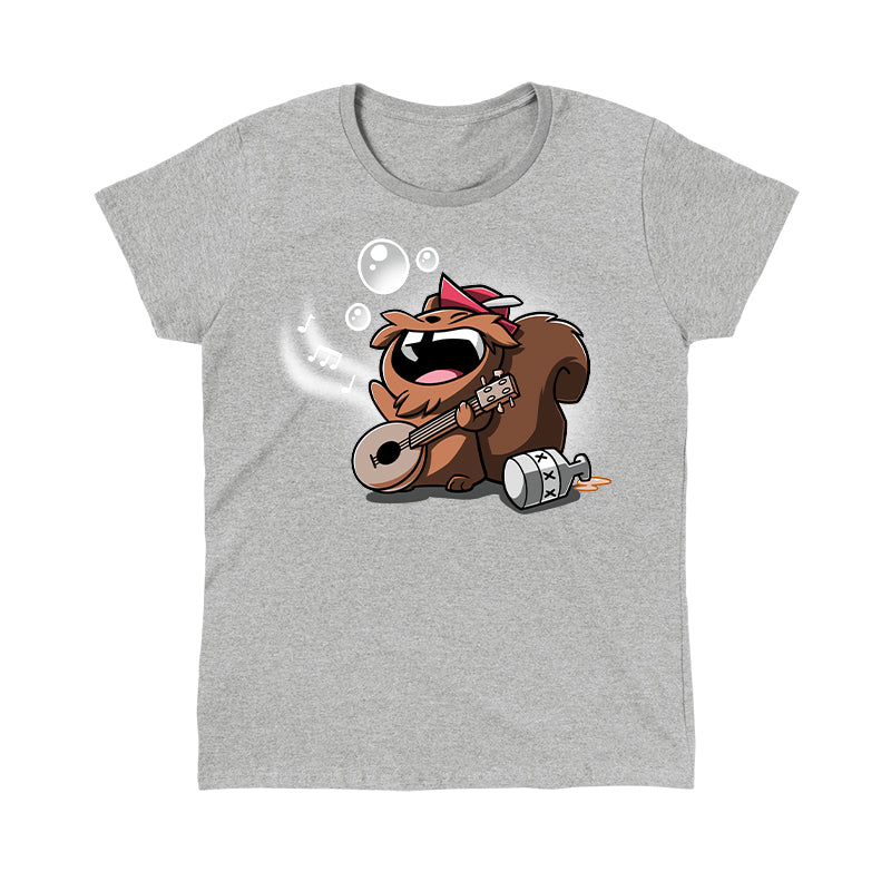 Classic Cotton T-shirt_TeeTurtle Drunken Bard heather gray t-shirt featuring a squirrel wearing a red cap joyfully playing a banjo while singing. Musical notes and bubbles float around, and a moonshine jug is placed next to the squirrel.