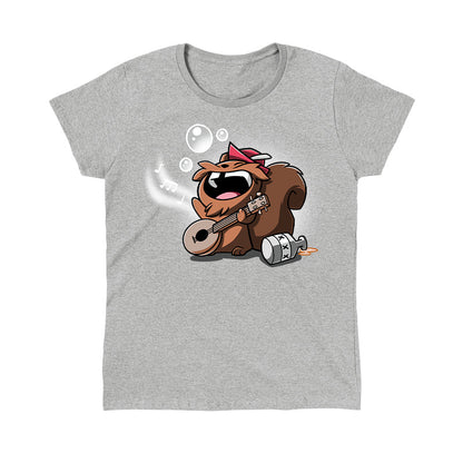 Classic Cotton T-shirt_TeeTurtle Drunken Bard heather gray t-shirt featuring a squirrel wearing a red cap joyfully playing a banjo while singing. Musical notes and bubbles float around, and a moonshine jug is placed next to the squirrel.