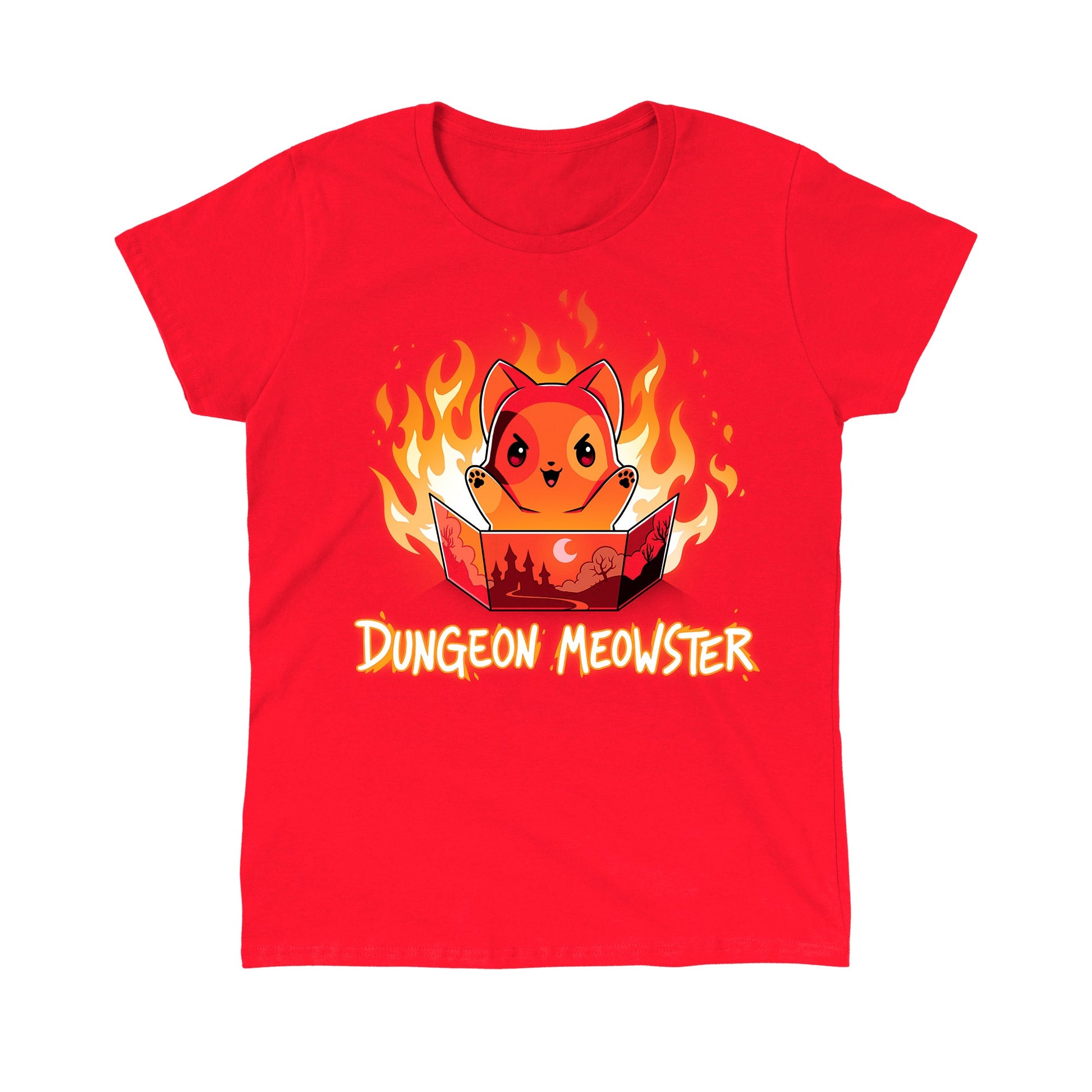 Classic Cotton T-shirt_TeeTurtle Dungeon Meowster red t-shirt featuring a cartoon red cat surrounded by flames with an evil look on its face  holding a book that has a castle, moon and trees on the cover with Dungeon Meowster written underneath. 