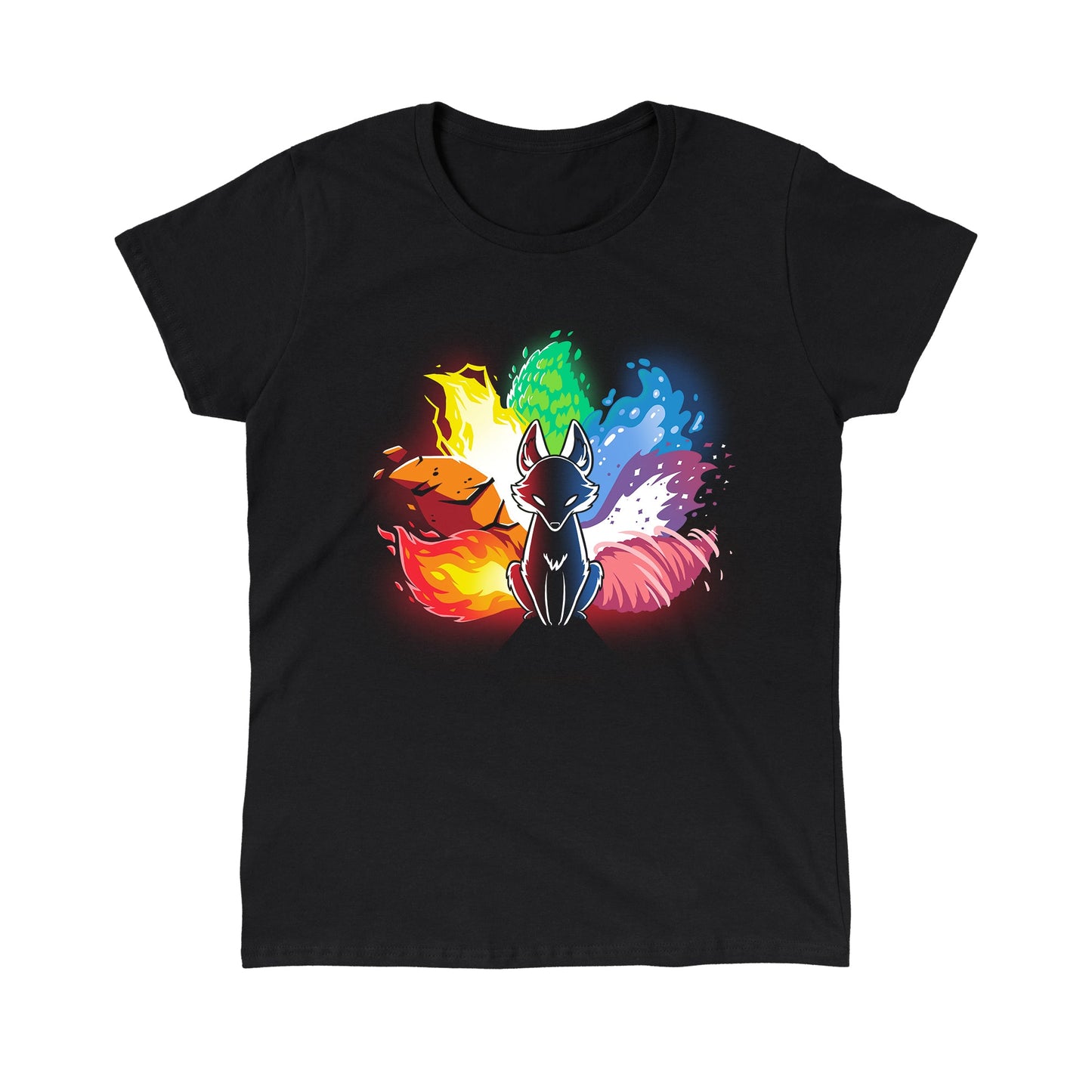 Classic Cotton T-shirt_Stylized image of an Elemental Kitsune with elements of fire, water, earth, and air surrounding it. The fox is in a sitting position with a black body and glowing eyes. This design graces our monsterdigital Elemental Kitsune, offering both comfort and style.