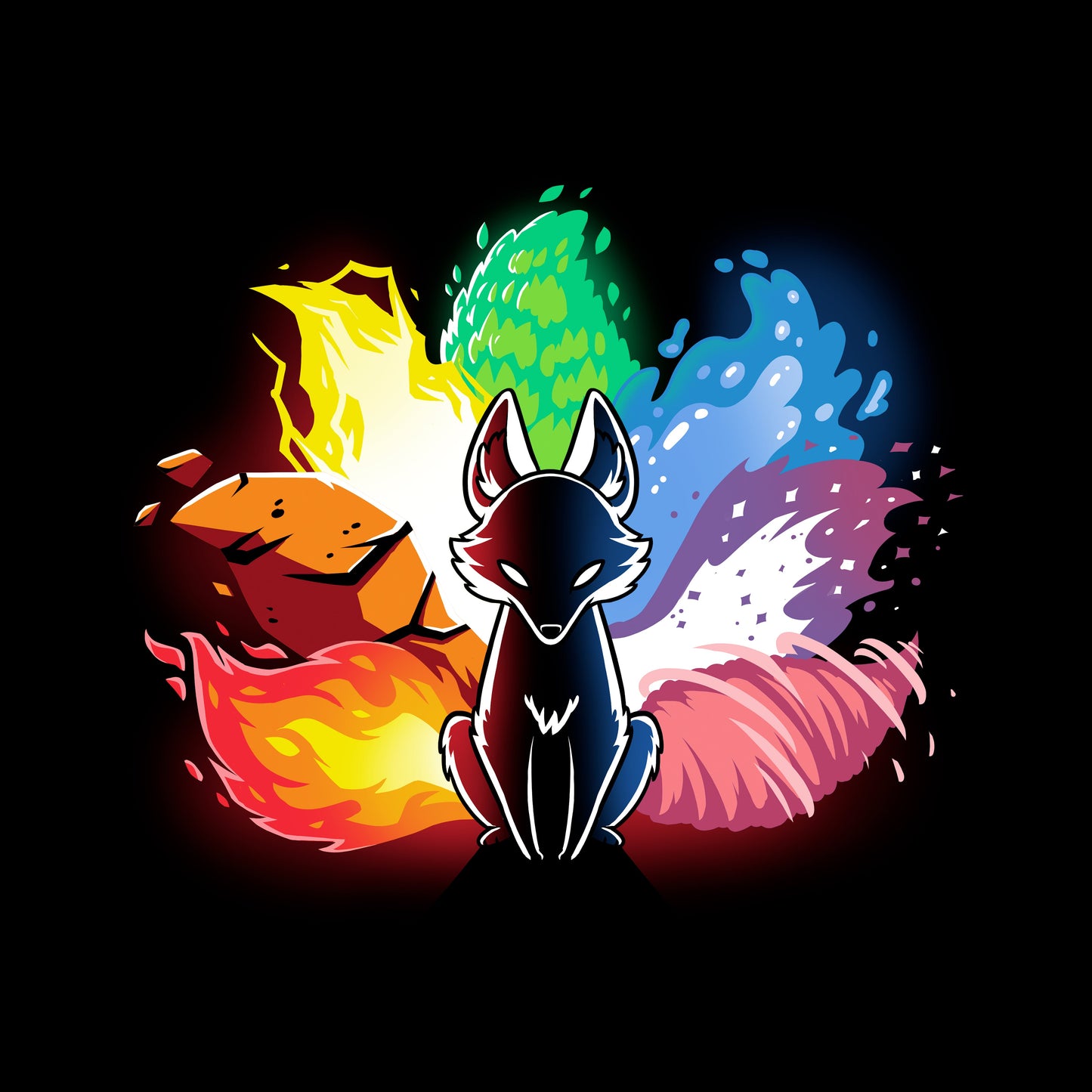 Long Sleeve T-shirt_Stylized image of an Elemental Kitsune with elements of fire, water, earth, and air surrounding it. The fox is in a sitting position with a black body and glowing eyes. This design graces our monsterdigital Elemental Kitsune, offering both comfort and style.