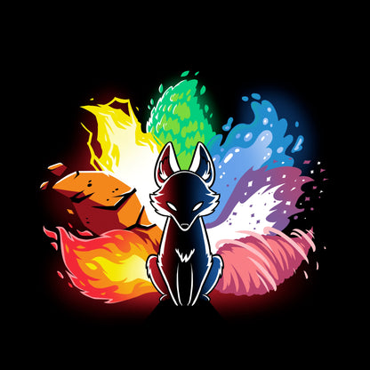 Classic Cotton T-shirt_Stylized image of an Elemental Kitsune with elements of fire, water, earth, and air surrounding it. The fox is in a sitting position with a black body and glowing eyes. This design graces our monsterdigital Elemental Kitsune, offering both comfort and style.