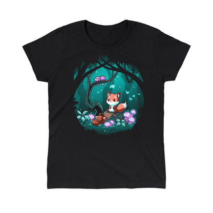 Classic Cotton T-shirt_TeeTurtle Enchanted Forest black t-shirt featuring a cute fox sitting on a log in a magical enchanted forest at night, surrounded by glowing mushrooms and two birds perched on a tree branch.