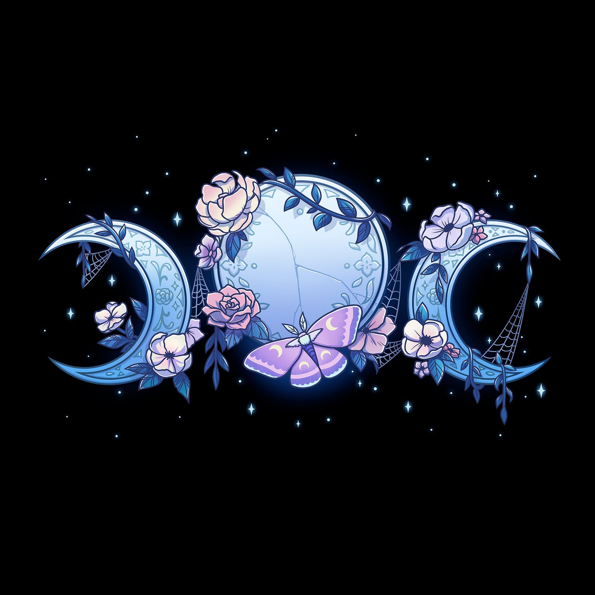 Classic Cotton T-shirt_TeeTurtle black Enchanted Moons featuring a full moon surrounded by crescent moons on each side with flowers, cobwebs, and a moth.