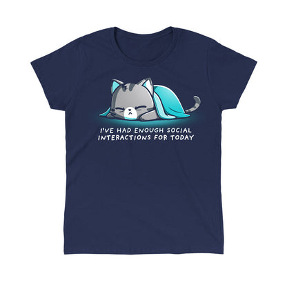 Classic Cotton T-shirt_TeeTurtle Enough Social Interactions Navy Blue t-shirt featuring a cat under a blue blanket.