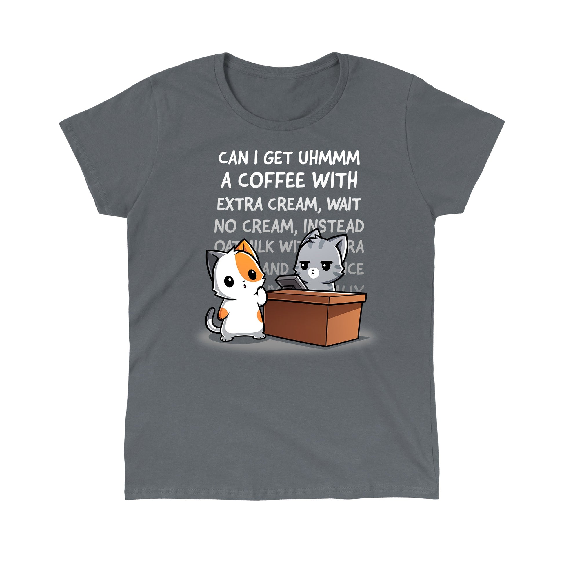 Classic Cotton T-shirt_TeeTurtle Eternal Coffee Order charcoal gray t-shirt featuring a cat placing a very long coffee order at a coffee shop.