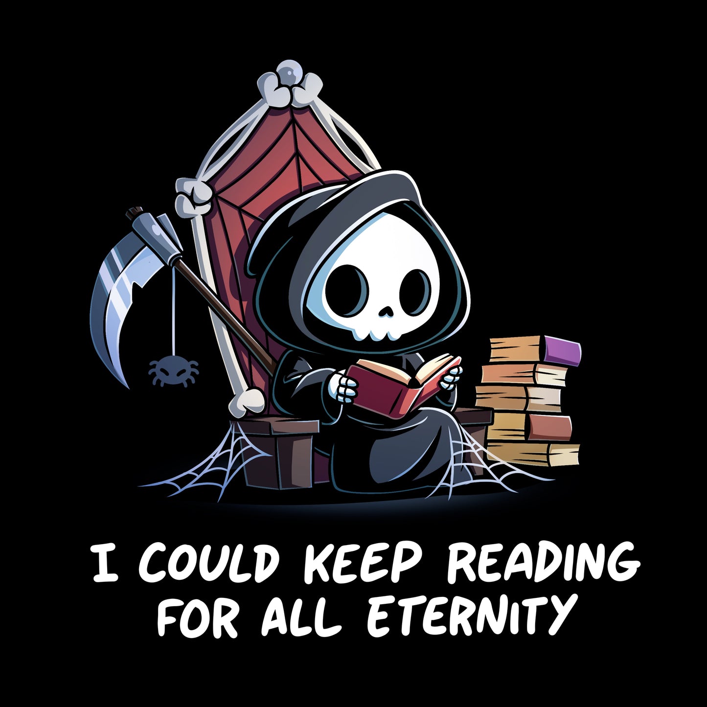 Pullover Hoodie_TeeTurtle black Eternal Reader featuring the Grim Reaper on a cobwebbed throne reading a book with text, “I could keep reading for all eternity“.