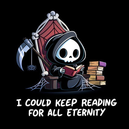 Long Sleeve T-shirt_TeeTurtle black Eternal Reader featuring the Grim Reaper on a cobwebbed throne reading a book with text, “I could keep reading for all eternity“.